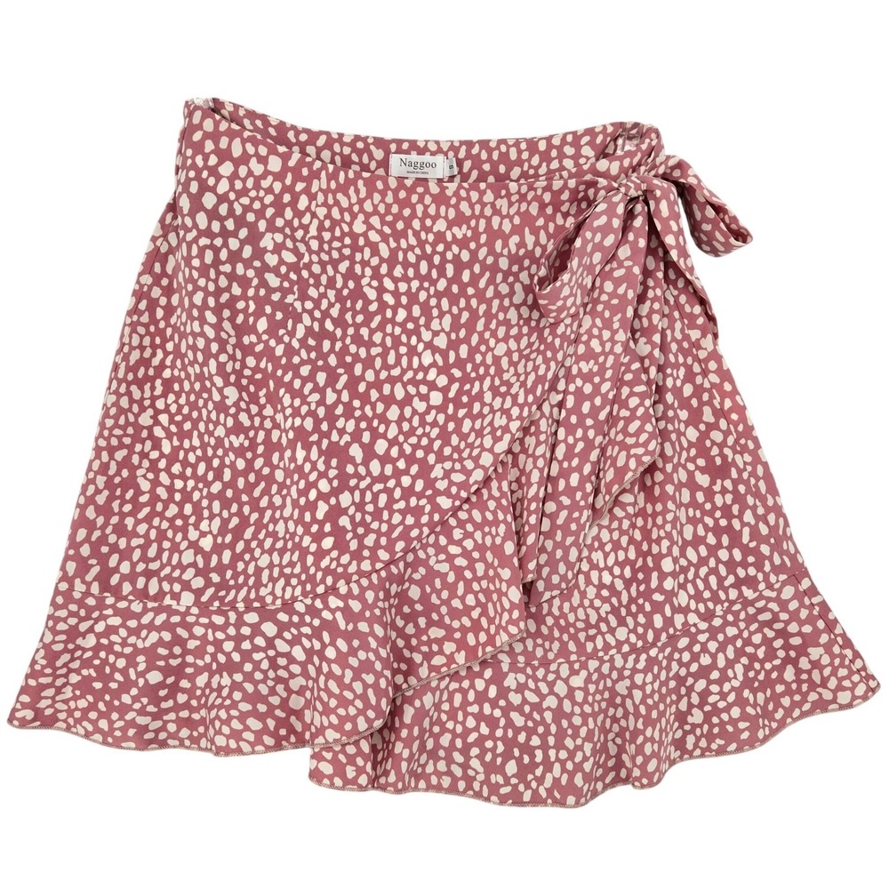 Naggoo SMALL Womens Pink Spotted Wrap Ruffle Boho Summer Cottagecore Mini Skirt
